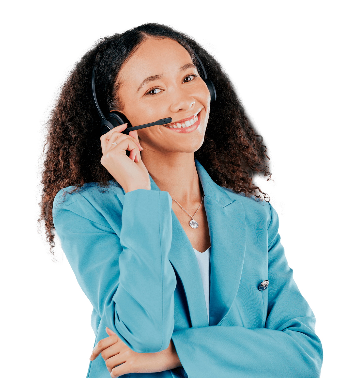 A smiling woman wearing a blue coat, with headsets and crossed arms