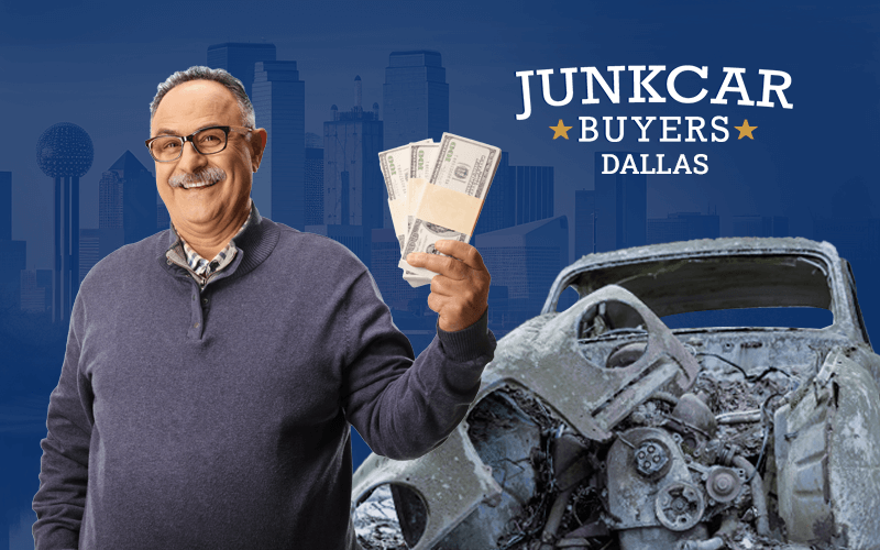 Mature man showing cash in his hand. In the distance you can see the city of Dallas and in the background a junk car