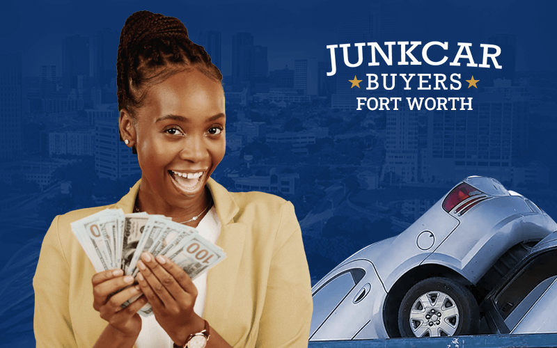 Young woman with cash in her hand. In the distance can be seen the city of Fort Worth and a junk car