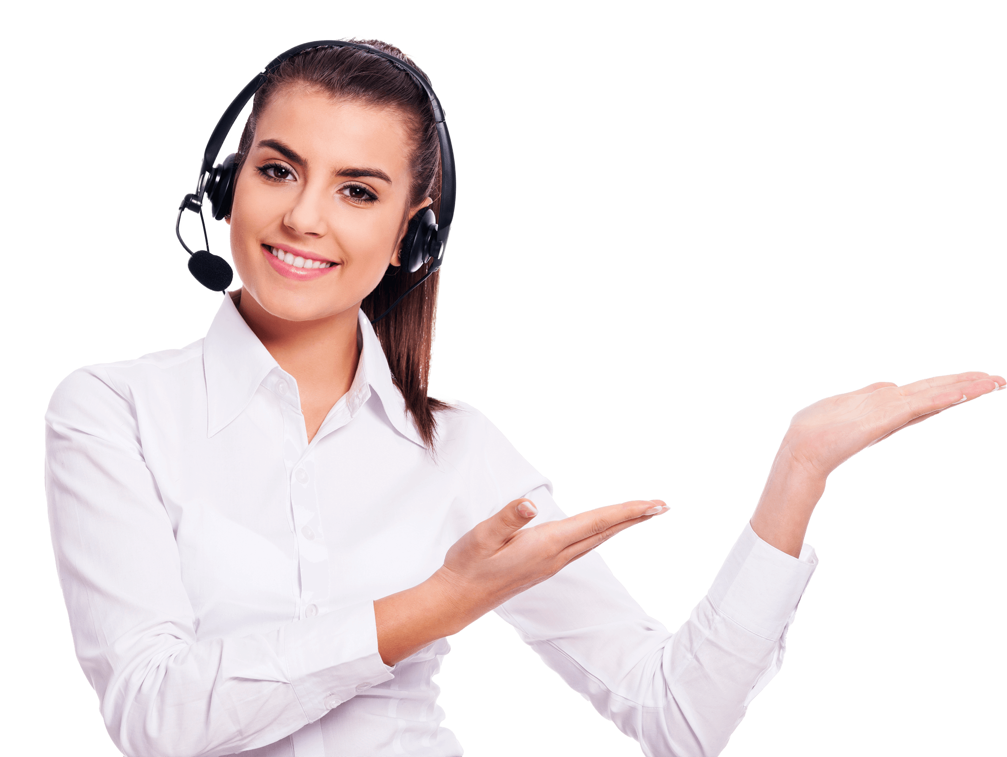 Customer service representative with headset, smiling and gesturing with open hands upwards, ready to help