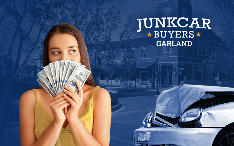 Woman holding cash, next to a junk car. In the background is the Firewheel Town Center in the city of Garland, Texas