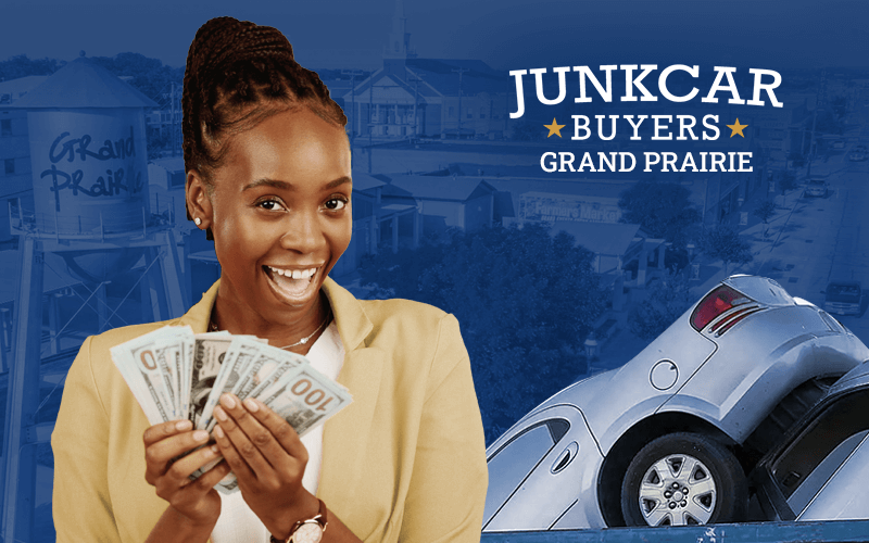 Young woman with cash in her hand. In the distance can be seen the city of Grand Prairie and a junk car