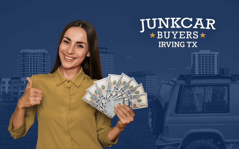 Woman holding cash in her hand, next to a junk car, with the city of Irving Texas in the background