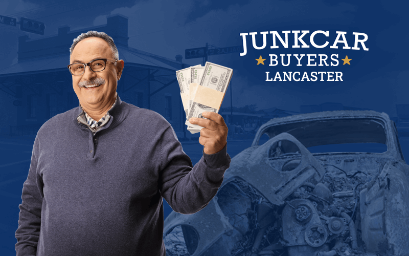 Smiling man holding cash with a damaged car in the background, promoting junk car buyers in Lancaster, Texas