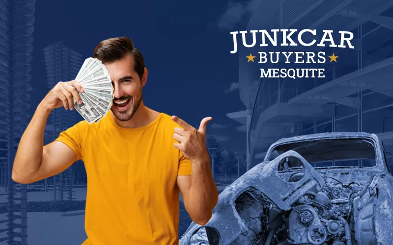 Young man showing cash in his hand, next to a junk car, with the Town Hall of Mesquite City in the background