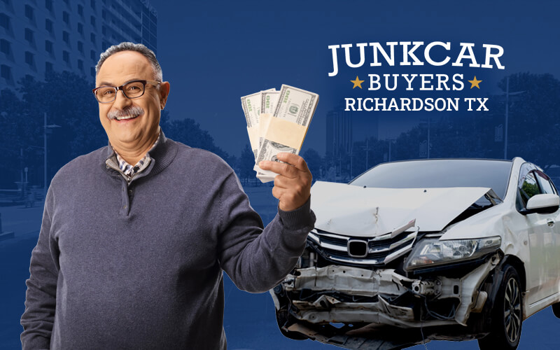 Mature man showing cash in his hand. In the distance you can see the city of Richardson Texas and in the background a junk car