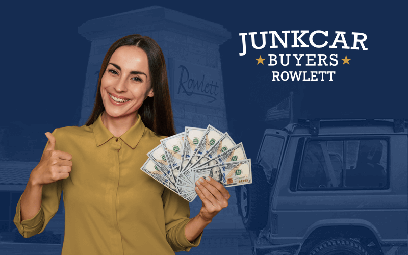 Woman holding cash in her hand, next to a junk car, with the city of Rowlett Texas in the background