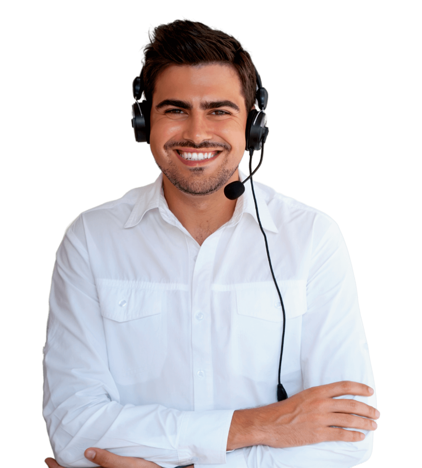 Customer service agent with headset, smiling and ready to help