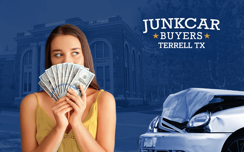 Woman holding cash, our logo in the top corner reads "junk car buyers Terrell TX"